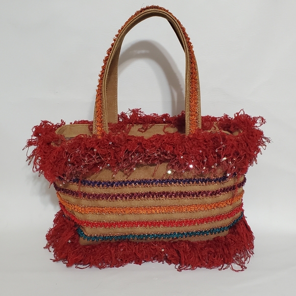Lottie Dottie Handbags - Chic Red and Orange Fringed Sequin Boa Tote Bag